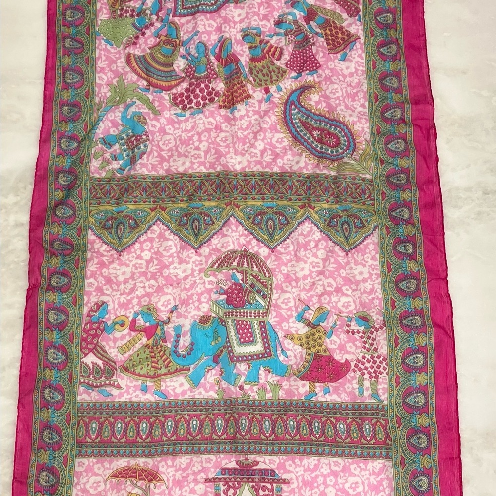 Vintage Silk Scarf Elephants Horses Paisley Pink Made India 18” X 68” Rectangle - Picture 11 of 16